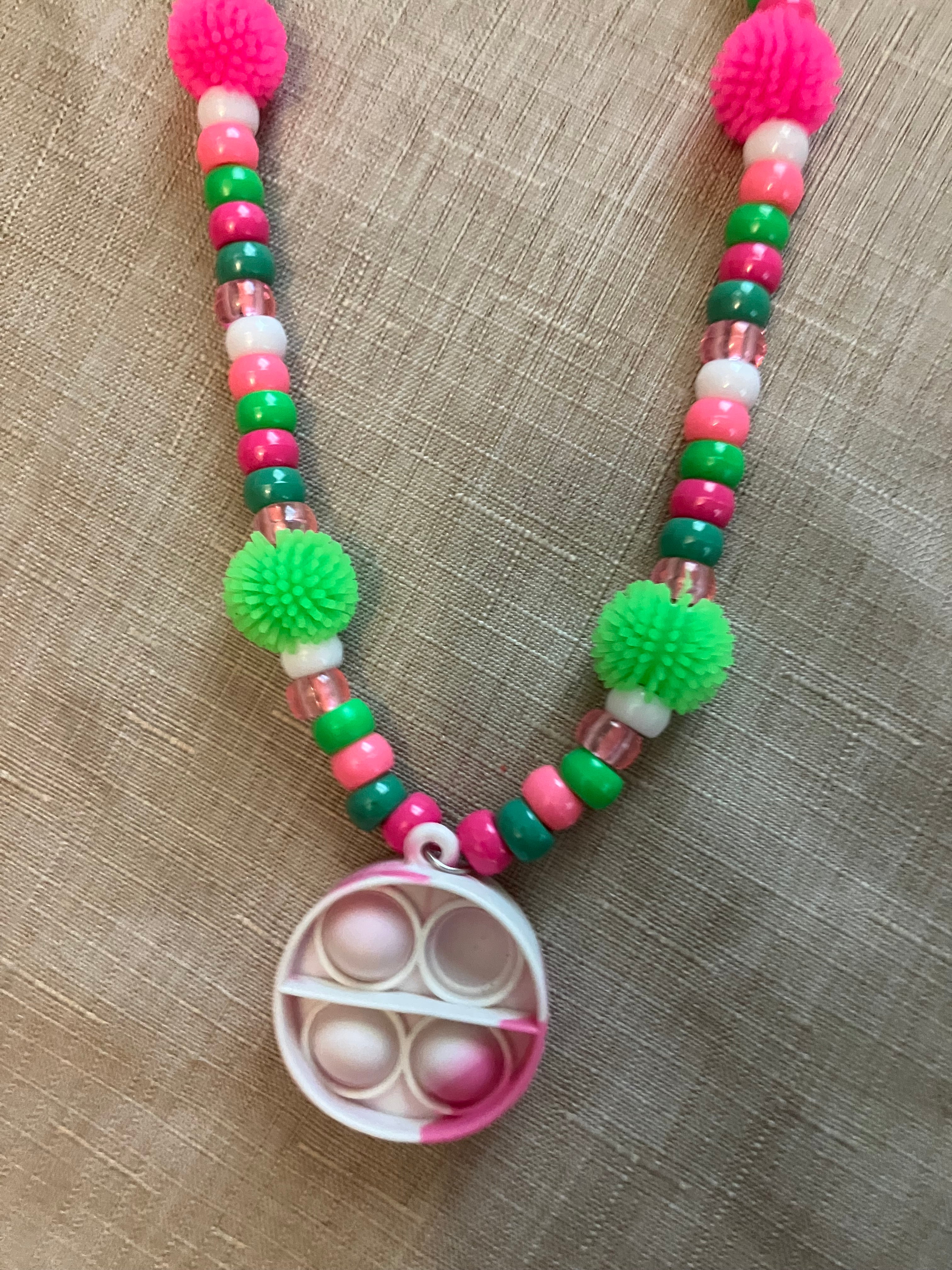 Fidget Jewelry Pink Green Popper Necklace ADHD Kids Boutique Jewelry